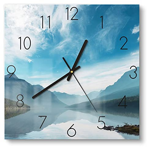 DEQORI Glasuhr | 30x30 cm | Motiv Blick über Bowman Lake | ausgefallene leise Design Uhr aus Glas | Wanduhr für Wohnzimmer & Küche | Moderne Hingucker Uhr für die Wand