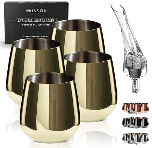 Wills and Elm Juego de 4 copas de vino de acero inoxidable sin tallo con aireador, metal irrompible, copas de vino para exteriores, portátiles, 18 onzas, color dorado
