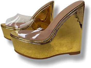 Frankie Hsu Sandalias de cuña de plataforma sexy para mujer, transparente PVC dorado de tacón alto punk, zapatos unisex para mujeres y hombres