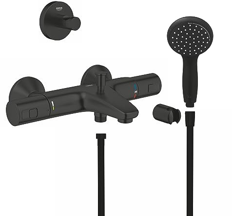 GROHE Start - Dusch- Installationsset (inkl. Brausestangenset, 1750mm Brauseschlauch, Handbrause mit 2 Strahlarten + Bademantelhaken), rund, matte black