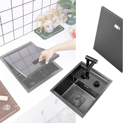 Fregadero Negro Cocina 1 Seno con Escurridor Fregadero Bajo Encimera Fregadero Multifuncional Acero Inoxidable Fregaderos Pequeños Fregadero Camper con Combinación de Grifo Oculto ( Color : FOLDING FA