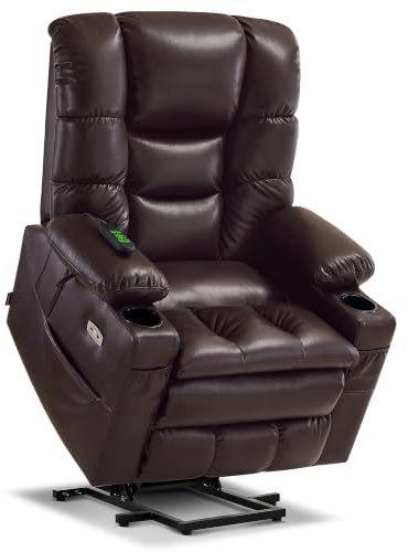 MCombo Triple Motor Electric Riser Recliner Chair for Elderly, Recliner Armchair with Massage & Dual Heating, Adjustable Headrest, Faux Leather 7634 (Dark Brown, Large)