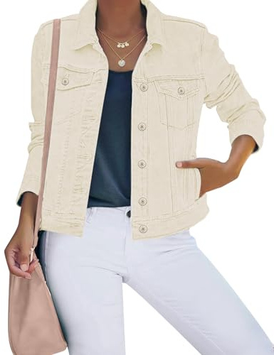 Luvamia Women's Fashion Button Down Stretch Long Sleeves Trucker Jean Jacket - Cream Lightweight Denim Jacket - Medium (Fits Size 8-10) - Vacation Outfits