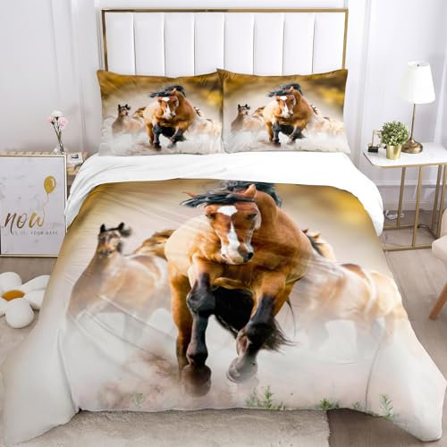 VTRXEG Set Di Biancheria Da Letto Con Cavalli, Copripiumino Cavalli Con Motivo A Cavallo Stampa 3D,Incluso 1 Copripiumino E 2 Federe, Biancheria Da Letto Per Ragazzi E Ragazze (A,135x200cm)