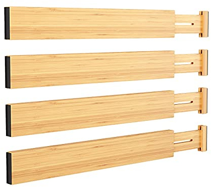BAMEOS Drawer Divider,Expandable Bamboo Separators Adjustable Utensil Knife Fork Tool Kitchen Organizer, Clothes Fabric Drawer Organizer In Bathroom Bedroom Office, Cabinet Dresser Organizer 4-pack