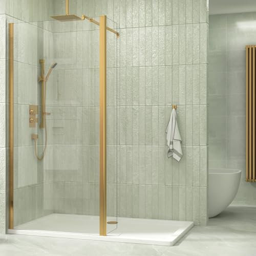 Brushed Brass 800mm Wet Room Walk in Shower Screen with 300mm Flipper Panel + 8mm Clear Easy Clean Safety Tempered Glass Panel & Stainless Steel Support Bars Shower Enclosure Cubicle 1850mm Height