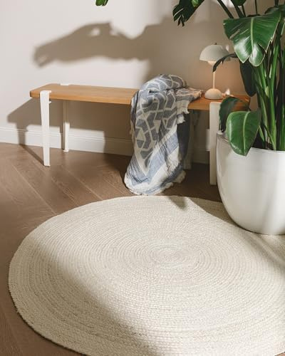 benuta Pure Jute Teppich Jutta - Ivory rund 115 cm - Handgewebter Wohnzimmerteppich - Natürliches Boho Design - Für Fußbodenheizung geeignet