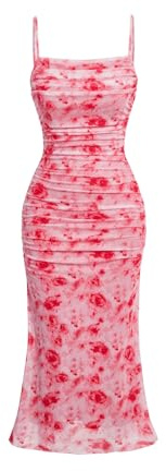GORGLITTER Women's Summer Floral Ruched Bodycon Midi Dress Sleeveless Mesh Long Cami Cute Dresses Red XS