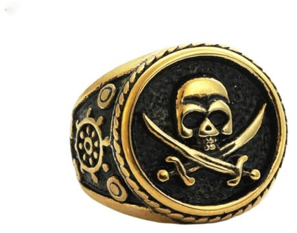 Hokech Vintage Doppelmesser Pirat Edelstahl Schädel Ring für Männer Punk Gold Totenkopf Siegelring Wikinger Kompass Schmuck Geschenk Größe 7-13