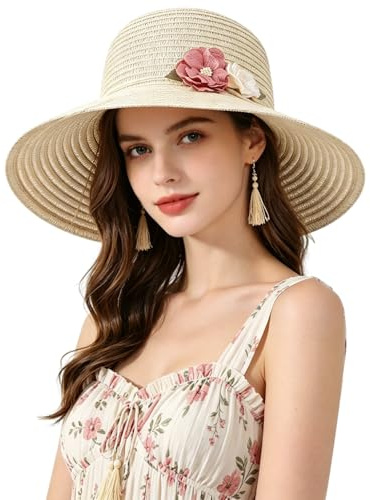 Sonnenhut für Damen, mit Strohbeutel, Sommerhut, Urlaubstasche, Strohhut und Umhängetasche, breite Krempe, UPF 50, verstaubar, faltbar, Strohhut, Urlaubszubehör für Reisen, beige, Einheitsgröße