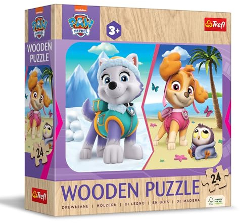 Trefl - Holzpuzzle 24 Teile, Paw Patrol für Mädchen, 3+ | Holzpuzzle, abgerundete Kanten, dekoratives Muster auf der Rückseite, Märchenfiguren, Dekoration, Gedächtnistraining