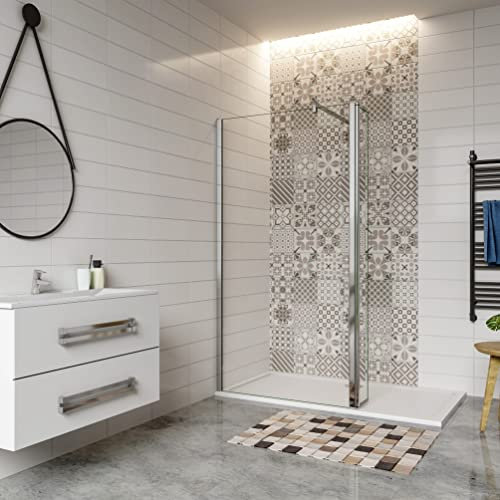 Paroi de douche à l'italienne 150+40x200cm avec barre de fixation 90cm en carré, Paroi de douche avec retour pivotant 40cm en verre 8mm securit