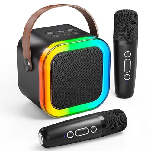 Ankuka Karaoke Machine for Kids Adults, Portable Bluetooth Mini Karaoke Microphone Singing Speaker with 2 Wireless Mic and Light,Toys for All Smartphones,Birthday, Family,Home Party (Black)