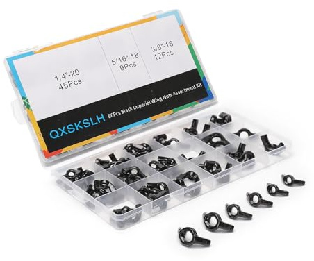 QXSKSLH 66 PCS Assorted Wingnuts, Carbon Steel Wing Nuts Black Zinc Plated Fasteners Parts Butterfly Nut (Black, 3 Sizes Assorted Kit)