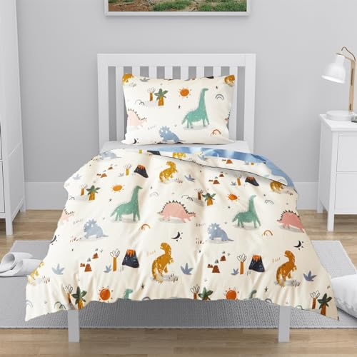 YASMENG Housse de Couette 100x135 Enfant Motif Dinosaure Parure de Lit Enfant 100% Coton Réversible Linge de Lit Cartoon Animaux Enfants Garçons avec Fermeture Éclair avec Taie d'oreiller 40x60 cm