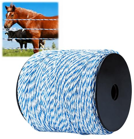 Qivine 500m Hilo Pastor Electrico para Caballos, Conductor Cable de Acero Inoxidable, Alambre de Polietileno de Alta Conductividad para para Cercas de Ovejas y Caballos de Granja (Azul Blanco)