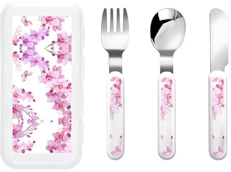 Reusable Pink Flowers and Butterfly Print Fork, Spoon Knife with Storage Case,Dishwasher Safe for School Lunch,Travel