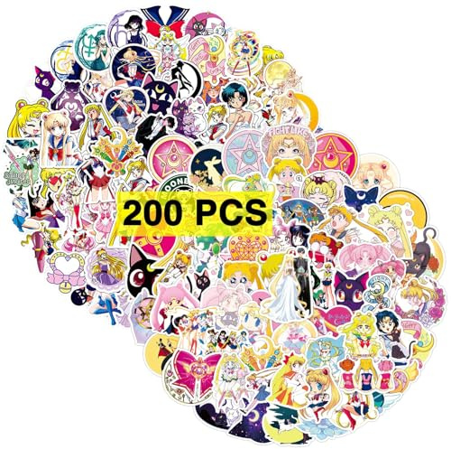 GTOTd Anime Moon Stickers (200Pcs) | Cartoon Girls Merch Party Supplies Vinyl Water Bottle Luggage Guitar Skateboard Aesthetic Stickers for Teens Gifts