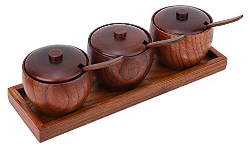 Confezione da 3 barattoli per sale in legno, saliera in legno con coperchio e cucchiaio, contenitore per condimenti per cucina
