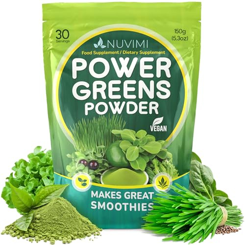 NUVIMI® - Super Greens Powder - 150g - Immune Support - Food Supplement - 9 Vegan Superfoods - Smoothie Mix for Nutritional Shakes, Juice Drink & Beverages