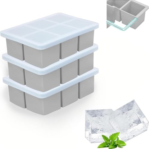 Theuwnee Ice Cube Tray, Easy-Release Silicone Ice Moulds with Removeable Lids, Perfect for Chilled Drinks, Freezer Food, Whiskey and Cocktail, Big Size, LFGB Certified and BPA Free (Gray)