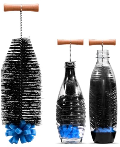 vinlley Die 35 cm Bürste mit Ergonomischem Griff, Schwarzen Borsten & blauem Schwamm – ideal für Sodastream-Glas- und Duo-Kunststoffflaschen. Reinigt kraftvoll, ohne Beschädigungen.2Pack