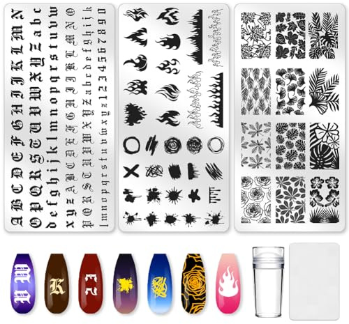 beinkmake Lot de 3 plaques de stamping en forme de flamme pour ongles - Lettres et chiffres - Feuilles - En acier inoxydable - Réutilisables - Avec grattoir pour manucure