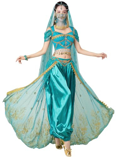 yrsZX Jasmin-Kostüm für Damen, arabische Prinzessin, Feen-Outfit, Halloween, Cosplay, Bauchtanz-Kostüm | Geburtstagsparty Dress Up Cosplay 4-teiliges Outfit Bauchtanz-Kostüm