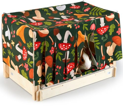 Hedgeink Guinea Pig Bed Wooden Hamster House with Waterproof Mat Rabbit Hideout Small Animal Hide Cage with Door Curtain for Hedgehog Chinchilla Bearded Dragon Ferret Bunny