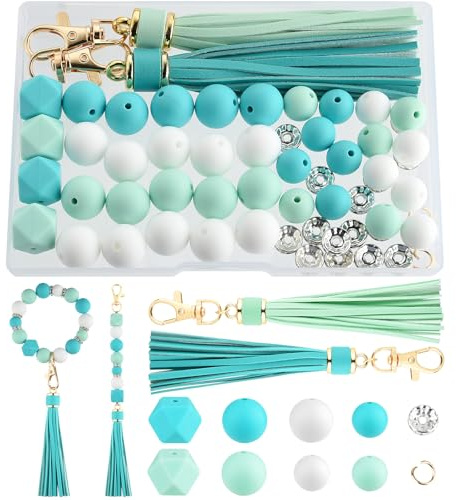 NEBURORA Kit de fabrication de bracelets, perles en silicone bleu cyan et blanc avec pompons en cuir pour bracelets, loisirs créatifs, stylos perlés, décorations et fabrication de bijoux