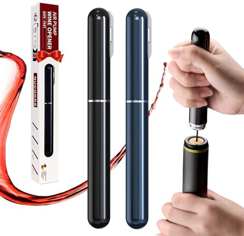 Wine Opener Manual with Foil Cutter Pack of 2 - NUCOKRS Aeropop Style Corkscrew Pen Shape Design 3 to 7 Air Pumps to Open (Black+Blue)