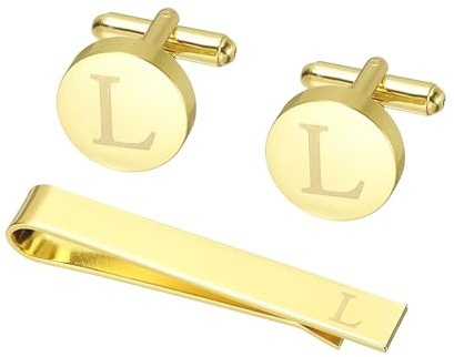 PATIKIL Manschettknappar för män, slipsklämma med initial och manschettknappar för män, klassiska personaliserade koppar manschettknappar och slipsnål för far och make, 55mm, Metall, Akvamarin
