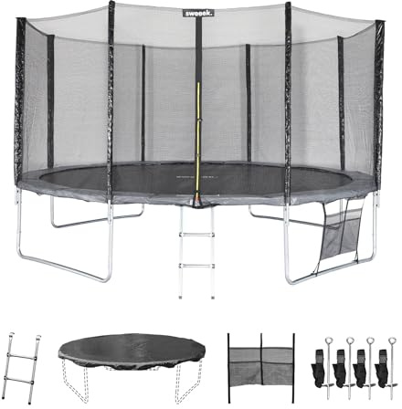 sweeek Alice's Garden - Trampoline 430cm Gris avec Filet de Protection. échelle. bâche. Filet pour Chaussures. kit d'ancrage - Vénus XXL- Trampoline de Jardin 430 cm 4m| Qualité Pro|Normes EU