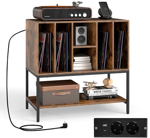 COSTWAY Plattenspielerständer mit Ladestation, Beistellschrank mit Vinyl-Aufbewahrung, Aufbewahrungsschrank modern, Vinyl-Display-Regal für bis zu 150+ Alben 80 x 45 x 79,5 cm (Kaffee)