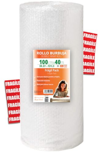 OFITURIA Papier Bulles Emballage 100cm x 40m – Pack Fragile avec 12 Étiquettes “FRAGILE” – idéal pour emballage colis, papier bulle déménagement, bubble wrap
