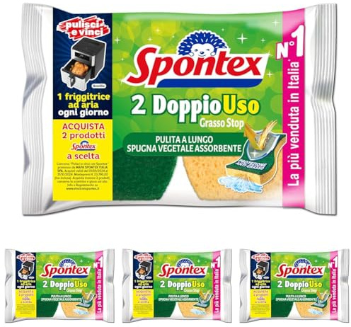 Spontex Doppiouso, Spugna Vegetale Assorbente, Anti Grasso, 2 Unità (Confezione da 4)