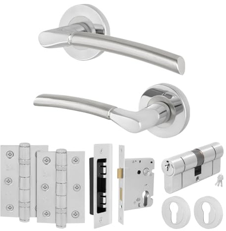 EAI Chrome Door Handle Euro Lock Double Cylinder Set, 1 Pair Internal Round Rose Polished Chrome and Satin Nickel Handles, Locks, Hinges - Bova
