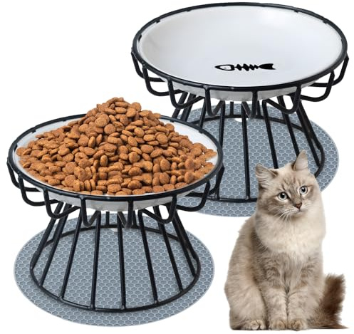 2 Stück Erhöhter Futternapf Katze - Katzennapf Erhöht 10 CM mit Erhöht Ständer Metallhalter Base Haustiere, Fressnapf Katzen mit 2pcs Napfunterlage Silikon Katzenschüssel für Katzen und Welpen (Fisch)