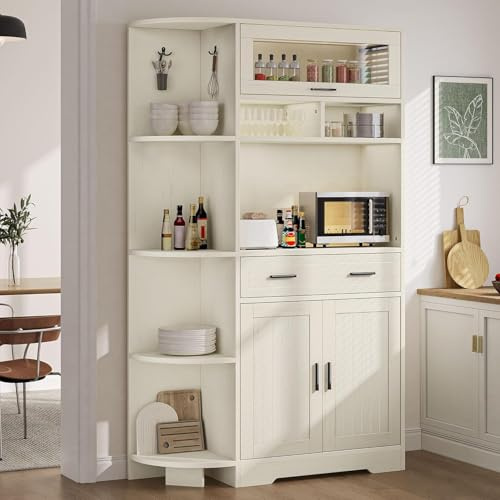 YITAHOME Kitchen Pantry Storage Cabinet, 67 Tall Kitchen Hutch with Outlet & Door & Shelves & Drawer, Farmhouse Wooden Microwave Stand Buffet Coffee Bar for Home Living Dining Room, Off-White