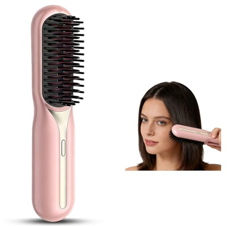 Farbeniok Cordless Hair Straightener Brush - Portable Straightening Rechargeable Heated Hair Brush for Short Hair, All Types, Travel Friendly for Daily Styling (Pink)