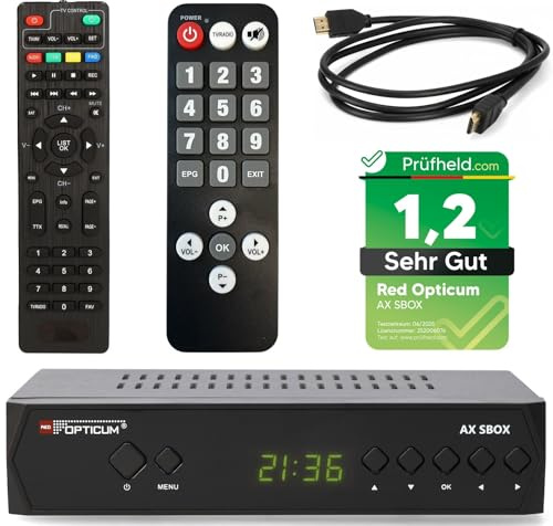 RED OPTICUM HD Sat Receiver für Satellitenschüssel mit Aufnahmefunktion S-Box PVR + Senioren Fernbedienung, HDMI, SCART, USB, Coaxial - Digital TV Receiver für Satelliten/Satellit + HDMI Kabel