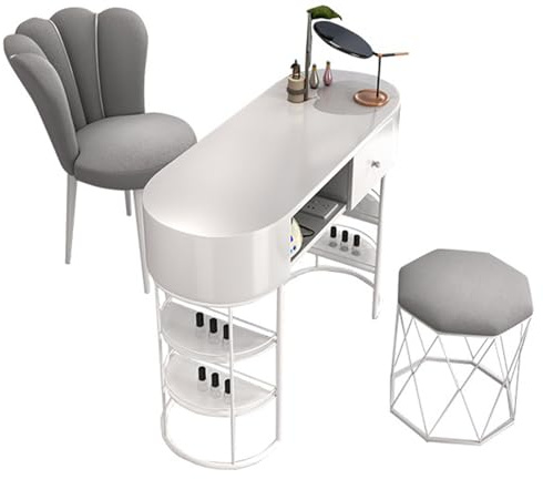 Elegante stazione da tavolo per manicure per tecnici delle unghie, stazione di lavoro professionale per trucco e bellezza delle unghie, con cassetti e ripiani aperti per saloni e rivenditori