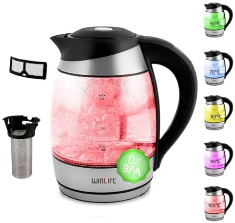 Wasserkocher 1,8L mit Temperatureinstellung 60°C bis 100°C | aus hochwertigem Borosilikatglas | BPA-frei | teekocher | Farben LED-Beleuchtung | AutoOff & Warmhaltefunktion