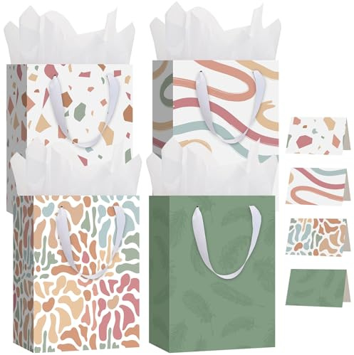 woric 4 Medium Gift Bags With Tissue Paper & Cards, 27 x 20 x 12 Cm | 4 Assorted Designs, Reinforced Base, Ideal For Birthdays, Weddings And Baby Showers