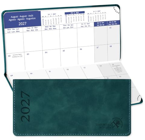POPRUN Agenda de Poche 2027 Mensuel (16,5 x 7,5cm),Jan 2027-Déc 2027 | Couverture Souple en PU Cuir,1 Mois 2 Pages,Petit Planner de 12 Mois,1 Signet Rubans,Papier 80 g/m²,Vert Pétrole