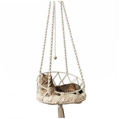Cama Colgante para Gatos, Hamaca Colgante para Gatos, Columpio Tejido a Mano con cojín Suave y pompón para Interior y Exterior, Blanco, Hamaca para Ventana