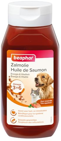 BEAPHAR – Olio di salmone per cani e gatti – Integratore alimentare – Omega 3 e 6 – Benefico sul sistema cardiovascolare, sul mantello e sulle articolazioni – Assunzione di energia – 430 ml