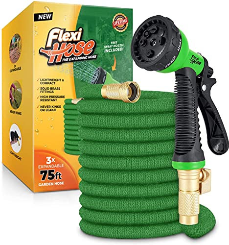 Flexi Hose Upgraded Expandable Garden Hose Pipe Including 8 Function Spray Gun Nozzle - Extra Strength with 2 cm Solid Brass Fittings - No-Kink Flexible Garden Hoses (Green 23 Metres)