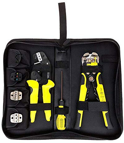 Multifunktional Crimpzangen Abisolierzange Set, Kabelschuhzange Set mit Aderendhülsenzange mit Ratschen Terminal 0.14-6 mm², Wechselbaren Einsätzen, Tasche und Schraubendreher Sparen Sie Aufwand