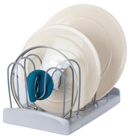 LIVIVO Adjustable Lid Holder Rack for Pots, Pans, Trays & Chopping Boards – Kitchen Cupboard Lid Organiser & Bakeware Storage Stand with Metal U-Shape Dividers – Countertop or Cabinet Use